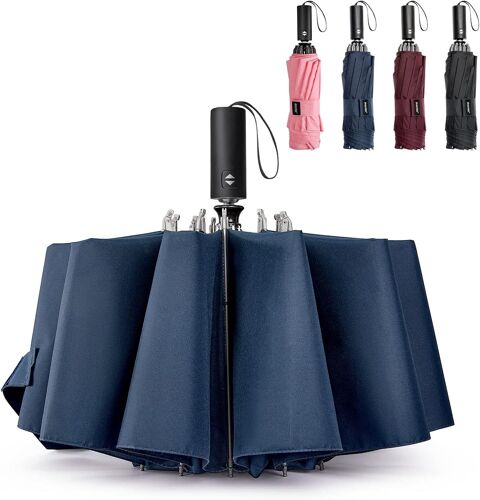 Grand parapluie de voyage inversé UPF 50+ avec protection UV de 137,2 cm, 10 baleines, coupe-vent, compact, blocage du soleil, ouverture automatique