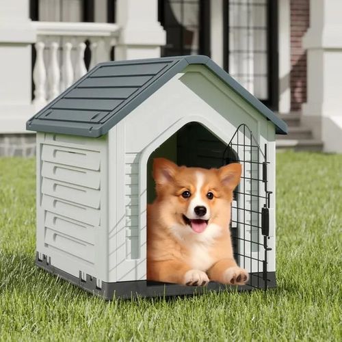Maison Pour Animaux Costway, Porte Verrouillable, Abri Pour Chien Avec Aérations Et Toit Incliné, Pour Intérieur Extérieur, Gris