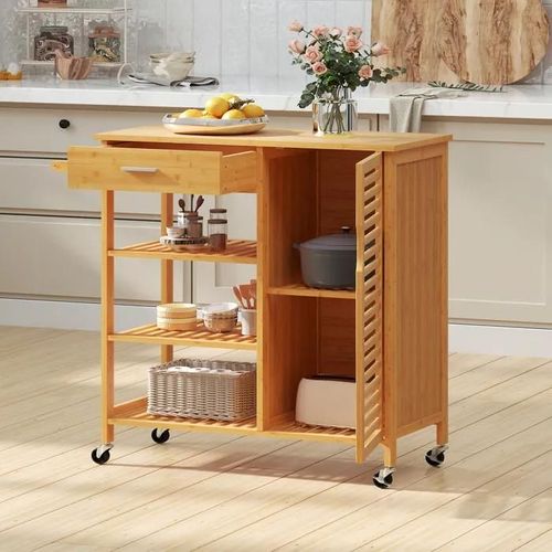 Desserte De Cuisine En Bambou Costway, Tiroir, 3 Étagères Ouvertes, Porte Unique, Porte-Serviettes, Roues Verrouillables,Pour Salon
