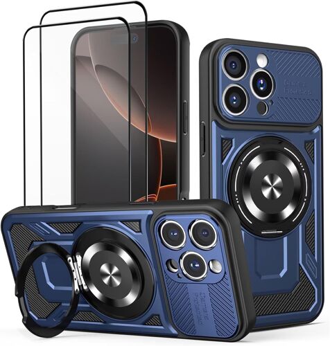 Coque pour IPhone 17 Housse Étui avec [2 pièces] Verre trempé - Protection Caméra Avancée, Support Invisible Intégré, Antichoc Résistant aux Chutes Noir