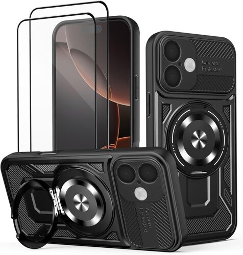 Coque pour IPhone 17 Housse Étui avec [2 pièces] Verre trempé - Protection Caméra Avancée, Support Invisible Intégré, Antichoc Résistant aux Chutes Noir