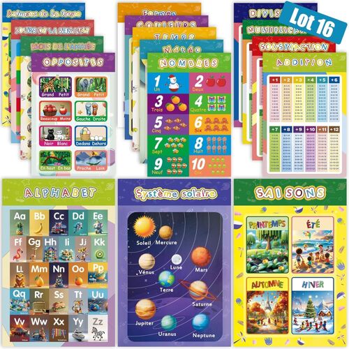 Lot De 16 Posters Alphabet Enfant 42x28 Cm ¿Affiches Éducatives Français :Apprentissage Complet : Alphabet,Chiffres,Calcul,Couleurs,Formes,Saisons,Temps,Univers ¿Décoration Murale Pour Chambre