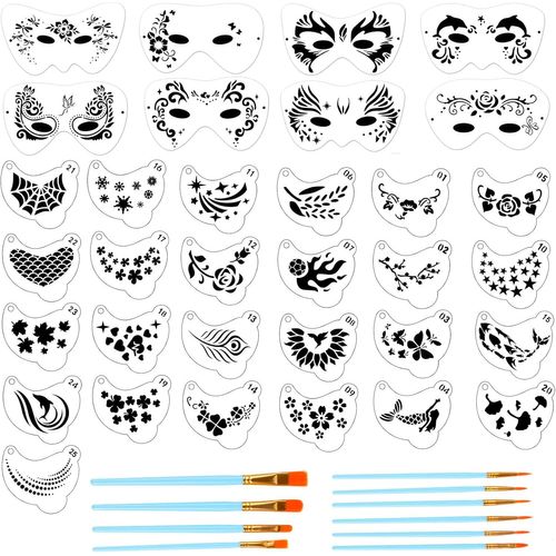 43 Pièces Pochoir Maquillage Enfant Adulteavec 10 Pinceaux De Peinture Templates De Peinture De Tatouage En Plastique Pour Les Enfants Maquillage De Fête D'halloween 