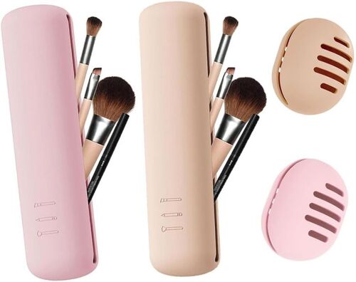 Ensemble 2 Pièces Étui À Pinceau De Maquillage En Silicone Portable Avec Porte Eponge De Maquillage Rangement Pinceaux Portatif Sac Cosmétique Pour Voyage 