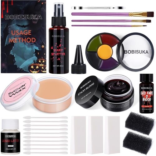 Set De Maquillage Halloween: 3 Faux Sang+1 Latex Liquide+1 Peinture Visage+1 Cire Fausse Cicatrice+5 Eponges+10 Cotons Tiges+3 Pinceaux+1 Spatule À Maquillage+Mode D'emploi 