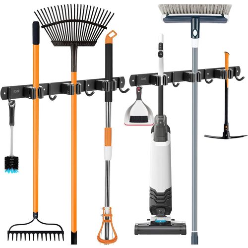 Patb-Accroche Balai Mural 2 Pièces, Porte Balai En Acier Inoxydable Avec 3 Emplacements Et 4 Crochets, Support Cintre De Rangement Pour Cuisine Buanderie Jardin Garage (Vis Et Ruban Adhésif Inclus)