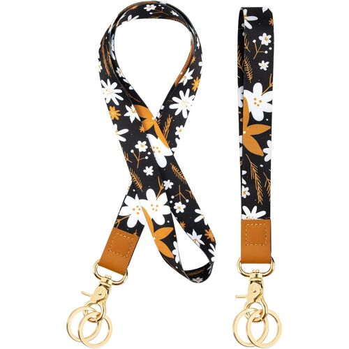 Cordon Tour De Cou, Tour De Cou Badge, Lanyard Pour Cou Poignet Avec Fermoirs Mousquetons Pivotants Et Cuir Pour Porte Badges,Clés, Portefeuilles(White Flowers)