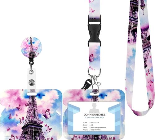 Porte Badge Avec Cordon,Tour De Cou Badge Avec Porte-Cartes,Equipé D'un Crochet D'écrevisse Rotatif Extensible,Adapté Pour Carte D'identité,Carte Bancaire (F-L'élan)