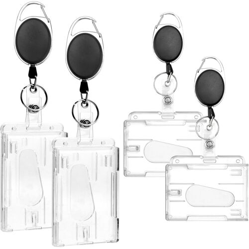 Lot De 4 Porte-Badges Rigides Transparente, Vertical & Horizontal, Avec Clip Ceinture, Enrouleur Rétractable Et Mousqueton, Pour Carte Id, Badge Professionnel, Étudiant, Transport