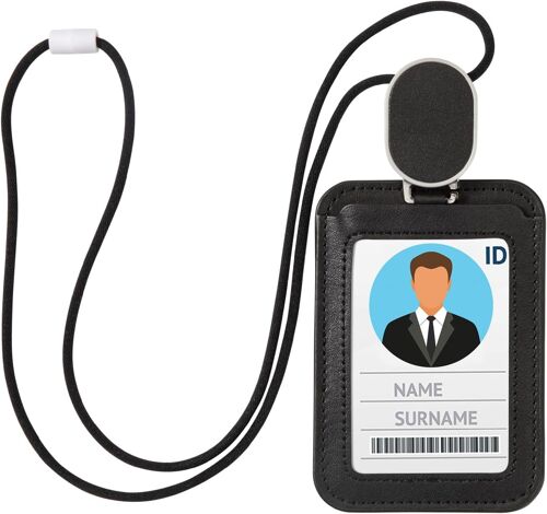 Porte-Badges En Pu Cuir Verticaux Badge Porte-Cartes Avec Cordon Rétractable Lanière Avec Porte-Carte D'identité Pour Le Travail, L'école, Bureau Noir