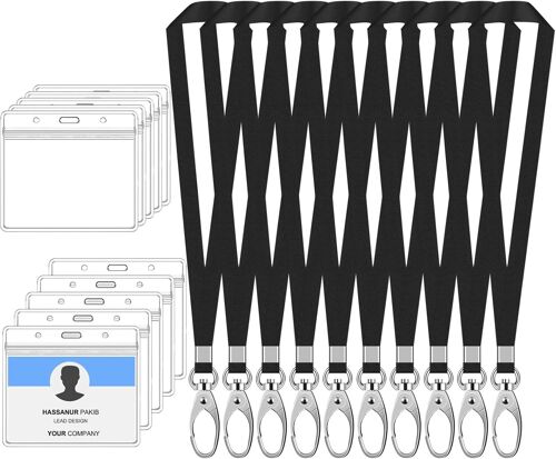 10 Sets Porte Badge & Cou Cordon, Lanières avec ID Carte Porte, Nom Protege Carte Étanche Horizontal, Courroie Tour de Cou Sangle de Cou pour Carte d'Identité, Bureau (Noir)