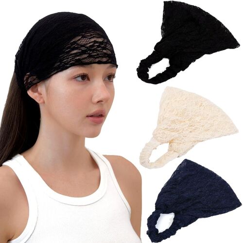 Lot De 3 Bandeaux Larges En Dentelle Douce Pour Femme, Bandana 2 Voies Pour Filles - Accessoires De Cheveux Quotidiens (Blanc + Rose + Marron, Taille Unique)