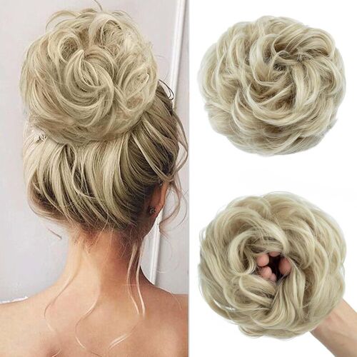 Extensions De Cheveux Synthétiques Bouclés Avec Élastique - 55 G - Blond Cendré À Blond Blanc - Pour Femme Et Fille 