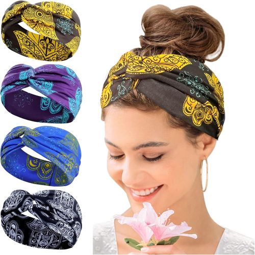 Bandeau Cheveux Femme, Headband Cheveux Femme Elastique Bandeau Femme Large Flower Headwear Yoga Hair Bands Accessoire Cheveux 4 Pièces