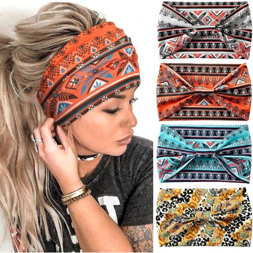 Bandeau Cheveux Femme, 4 Pièces Elastique Doux Boho Bandeau Cheveux Sport Multicolore Headband Pour Le Yoga Course