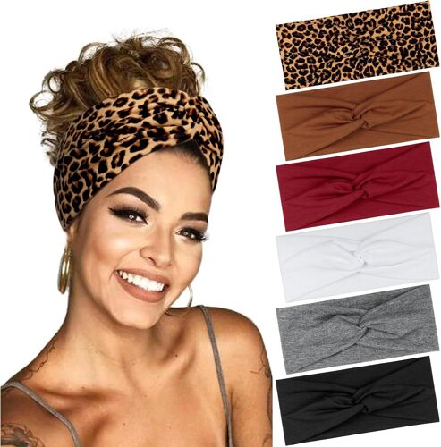 6 Pcs Bandeau Cheveux Femme, Antidérapant Bandeaux Mode Pour Femmes Sport Headband Elastique Cheveux Serre Tete Femme Adapté Yoga Fitness Exercice (Lmprimé Leopard, Couleur Unie)