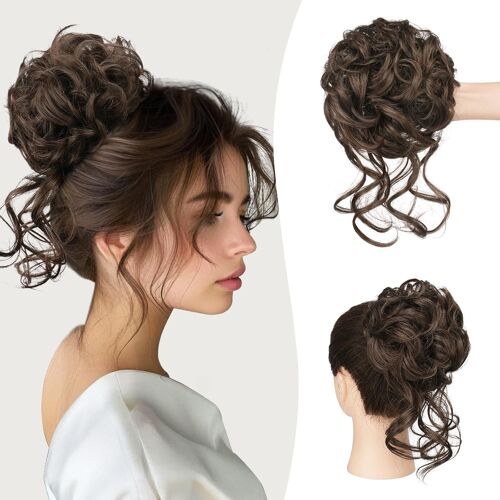 Chignon Postiche Cheveux Bouclé Extensions De Cheveux Ondulés Synthétiques Updo Avec Tendrillons Postiches Chignon Elastique Donut Chouchous Pour Femmes, Gris Avec Mèches Blanches 