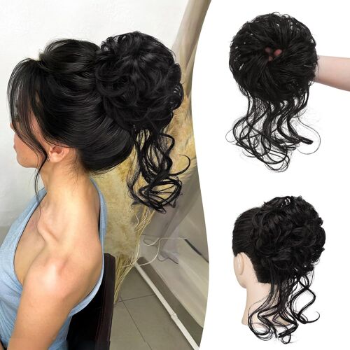Chignon Postiche Cheveux Bouclé Extensions De Cheveux Ondulés Synthétiques Updo Avec Tendrillons Postiches Chignon Elastique Donut Chouchous Pour Femmes, Gris Avec Mèches Blanches 