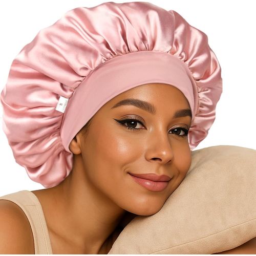 Yanibest Bonnet En Soie Pour Femmes Endormies, Double Couche En Satin Avec Élastique, Bonnet De Nuit Cheveux Naturels Bouclés, Rose, Taille Unique