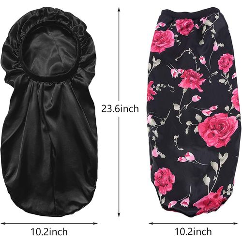 2 Pcs Bonnet De Nuit Satin Extra Long Chapeau Sommeil Élastique Capuchon Pour Soin Des Cheveux Femme Adapté Cheveux Longs Cheveux Bouclés (Noir,Vert)