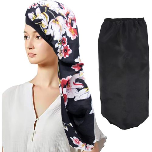 2 Pcs Bonnet De Nuit Satin Extra Long Chapeau Sommeil Élastique Capuchon Pour Soin Des Cheveux Femme Adapté Cheveux Longs Cheveux Bouclés (Noir,Vert)