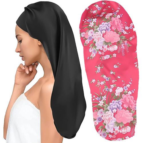 2 Pcs Bonnet De Nuit Satin Extra Long Chapeau Sommeil Élastique Capuchon Pour Soin Des Cheveux Femme Adapté Cheveux Longs Cheveux Bouclés (Noir,Vert)