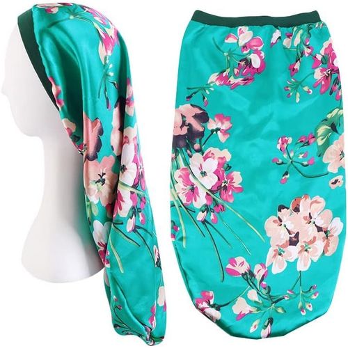2 Pcs Bonnet De Nuit Satin Extra Long Chapeau Sommeil Élastique Capuchon Pour Soin Des Cheveux Femme Adapté Cheveux Longs Cheveux Bouclés (Noir,Vert)