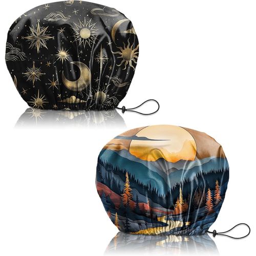 Lot De 2 Bonnets De Douche,Réglables Élastiques Double Couche Charlotte Cheveux Douche, S Et Esthétiques Mignon Bonnet De Douche Femmes (Q7-Soleil, Lune, Feuille) 