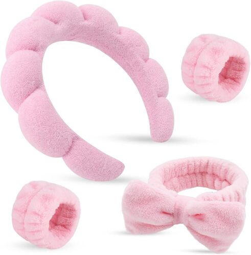 Bandeau De Maquillage Femme Et Bracelets De Lavage De Visage, Headbands Élastique, Spa Douce, Cheveux Femme, Adaptés Soins Du Visage, Maquillage, Spa (Rose)
