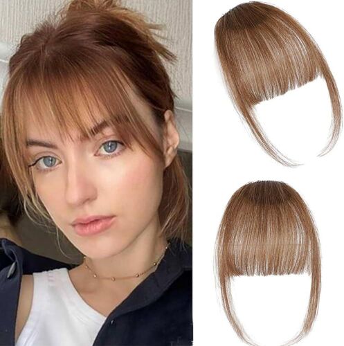 Extension Cheveux Naturel Frange A Clip Naturels Humain Wispy Bangs Franges Avec Temples Synthétique Pour Femme Utilisation Quotidienne (Marron) 