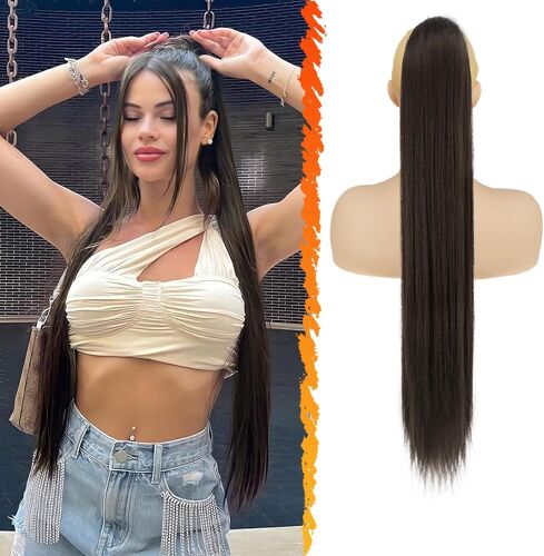 Brun Queue De Cheval Extension - 86cm Longue Raides Queue De Cheval Extension De Cheveux Avec Cordon Synthétique Clip En Queue De Cheval Postiche Faux Queue De Cheval Pour Femmes - Brun Foncé 