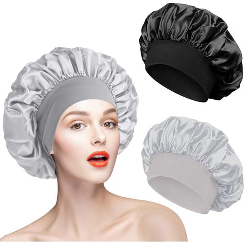 2 Pieces Bonnet Satin Cheveux Nuit, Pour Femme, Bonnet En Satin À Bande Élastique Douce (Noir+Noir)