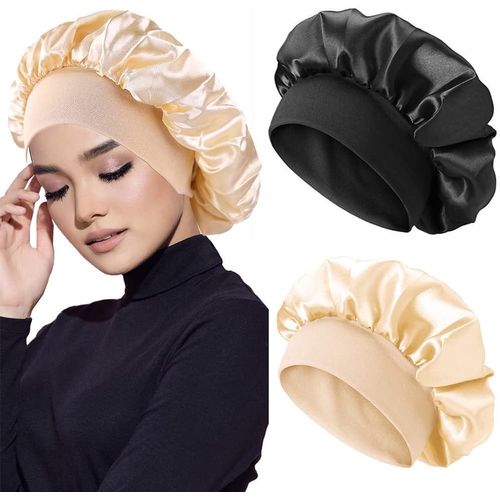 2 Pieces Bonnet Satin Cheveux Nuit, Pour Femme, Bonnet En Satin À Bande Élastique Douce (Noir+Noir)