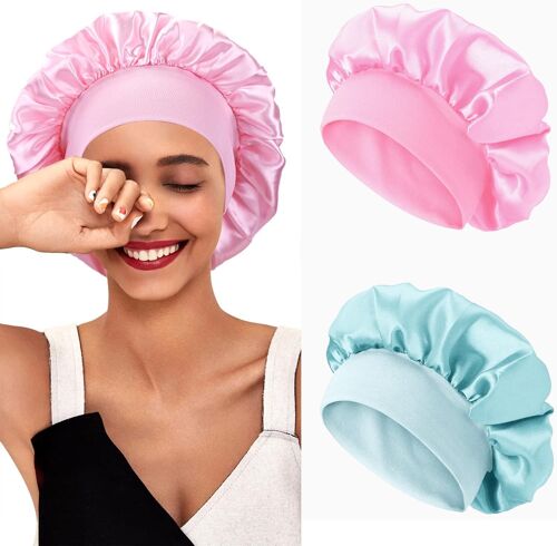 2 Pieces Bonnet Satin Cheveux Nuit, Pour Femme, Bonnet En Satin À Bande Élastique Douce (Noir+Noir)