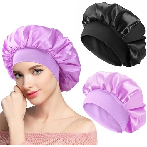 2 Pieces Bonnet Satin Cheveux Nuit, Pour Femme, Bonnet En Satin À Bande Élastique Douce (Noir+Noir)