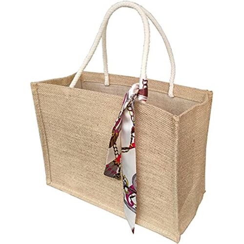 SJZG-Sac En Jute Avec Poignées, En Bambou, Sac En Jute Naturel Avec Foulard De Soie, Sac En Jute De 9,8 X 12,2 X 3,9 Pouces, Sac De Plage Pour Femme, Sac De Plage