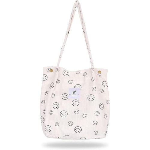 Senior-Sac Fourre-Tout Femme Velours Côtelé Esthétique Smile,Cabas Léger Avec Bandoulière Réglable | Grande Capacité Pour École, Shopping & Quotidien (Adolescentes Filles, Tissu Durable & Design [L2404]