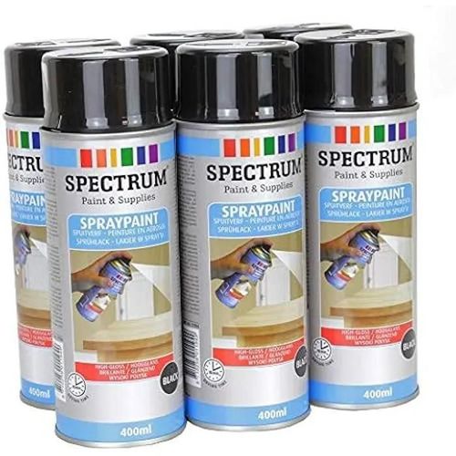 Noir Brillante Lot 6 Bombes Peinture Spray Aérosol 6x400ml Bois,Métal,Aluminium,Verre,Pierre,Plastique