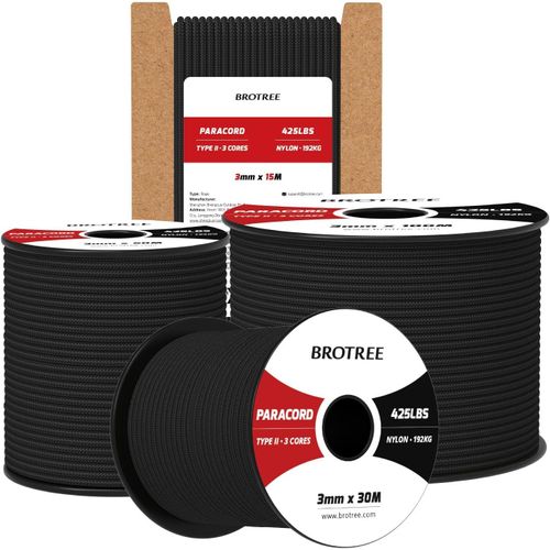 Paracord 3 Mm 30 M 100% Nylon Paracord Rope 425 3 Strands Type Ii Parachute Cord For Outdoors,Crafts-193 Kg Break Load (Black)