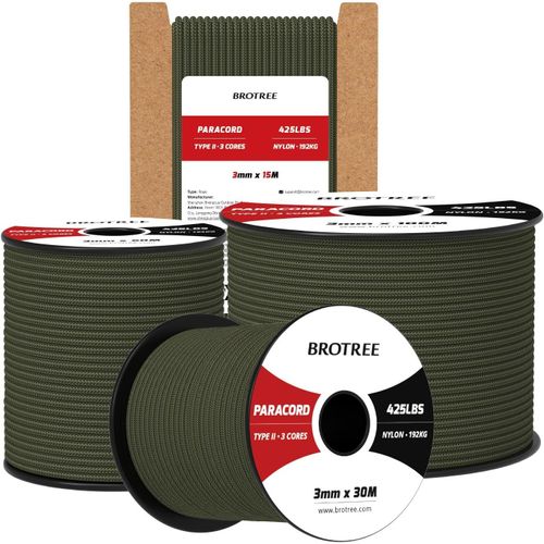 Paracord 3 Mm 30 M 100% Nylon Paracord Rope 425 3 Strands Type Ii Parachute Cord For Outdoors,Crafts-193 Kg Break Load (Army Green)