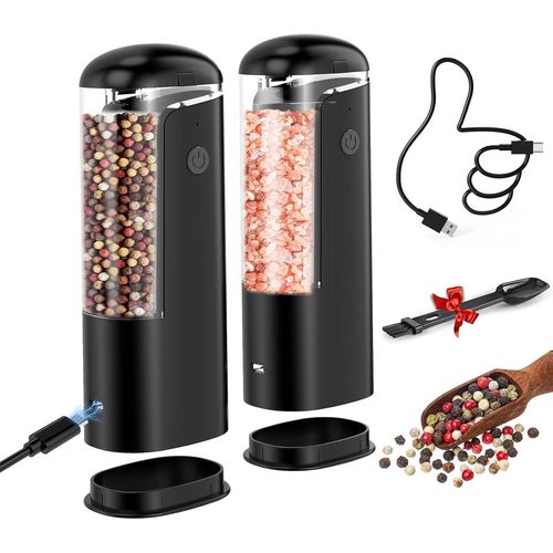 TIANYI-Ensemble de Moulin à Poivre Électrique: Moulin a sel Electrique Entièrement Automatique avec Lumière LED, Rugosité Réglable, Opération d'une Main, Noir, 2 PCS