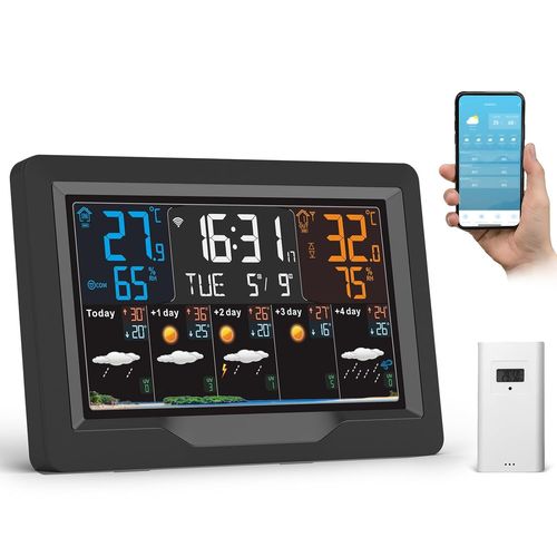 Station Météo Intérieur Extérieur Sans Fil - Connectée WIFI avec Prévisions 5 Jours, Écran 4 Luminosités Réglables, Capteur Temps Thermomètre Hygromètre, 3 Réveils