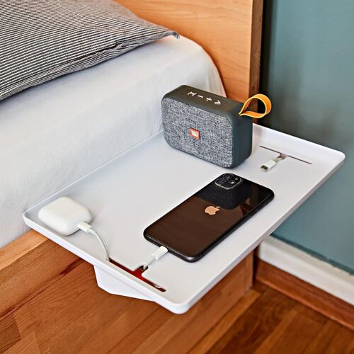 Étagère de lit, table de chevet à suspendre pour lit et lit superposé, étagère pour lit mezzanine avec support de câble, plateau de lit flottant, charge maximale 11 kg, blanc, ABS