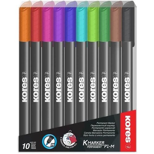 K-Marker P1 : Marqueurs Permanents De Couleur, Pointe Fine En Fibre, Encre Résistante À L'eau Et À Faible Odeur, Pour Toutes Les Surfaces, Lot De 10 Couleurs Assorties