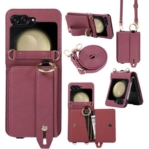 Coque Pour Samsung Galaxy Z Flip 5 Coque Crossbody Avec Portefeuille - Emplacements Pour Cartes - Support Anneau - Bandoulière - Étui De Protection En Cuir Pour Samsung Z Flip 5, Rouge Foncé