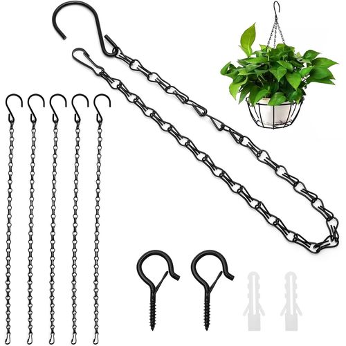 Teppe-6 Pièces Chaînes De Suspension 50 Cm, Chaine Noire Metal Suspension Avec 2 Crochets Mural, Chaîne Avec Crochet Pour Pot Fleurs, Mangeoire À Oiseaux, Lampes