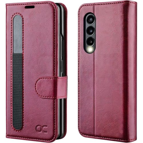 Coque Samsung Galaxy Z Fold 3 Avec Porte S-Pen, Antichoc Tpu Housse Samsung Z Fold3 Cuir Pu Portefeuille Etui [Rfid Blocage] [Fentes Pour Cartes] [Béquille] Coque Galaxy Z Fold3 - Rouge Pourpre