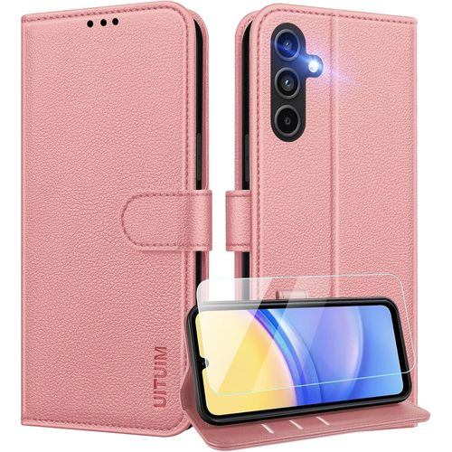 Coque Pour Samsung Galaxy A15 4g/5g Coque Etui Portefeuille Cuir Avec Verre Trempé Protection Écran Porte Carte Rabat Clapet Flip Case Étui Cover Housse Etui Pour Samsung Galaxy A15 4g/5g,Rose