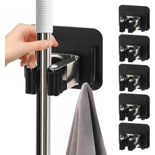 CHAAS-6 Pièces Porte Balai, Accroche Balai Mural, Support D'outils de Ménage, Mop Support Avec Crochets Sans Percage pour Cuisine Salle Garage Jardin (Noir)