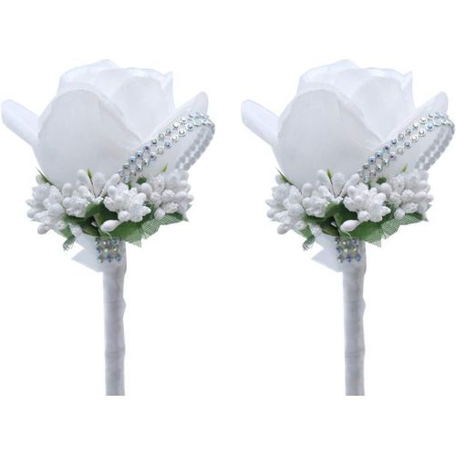 PATB-2 pièces Fleur Artificielle Hommes boutonnière à la Main en Soie Rose Hommes Corsage pour Le Bal de Mariage Fournitures de Mariage décoration (Blanc)